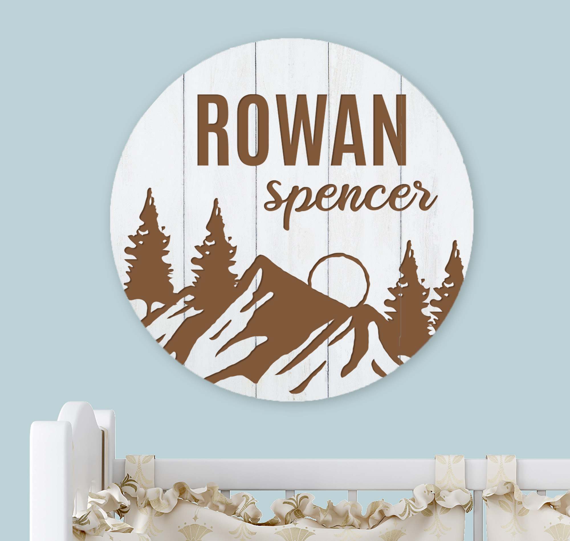 Faux wood round with mountain scene and baby name
